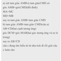 Câu 16 (3 điểm):

Cho ∆ABC nhọn có AB < AC. Gọi M là trung điểm của cạnh AC. Trên tia đối của tia MB lấy điểm D sao cho MB = MD

a) Chứng minh AAMB = ACMD

b) Chứng minh AB//CD

c) Lấy điểm I thuộc đoạn AB, điểm K thuộc đoạn CD sao cho BI = DK Chứng minh 3 điểm I, M, K thẳng hàng