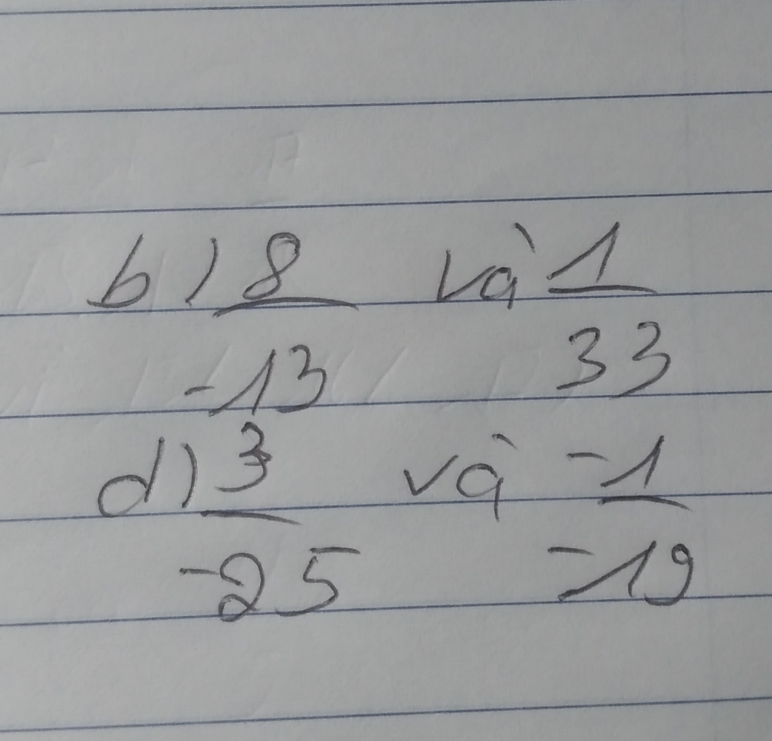 So sánh 
a) 13/5 và -7/9                   b)8/-13 và 1/33
c) -13/-17                            d)3/-25 và -1/-19