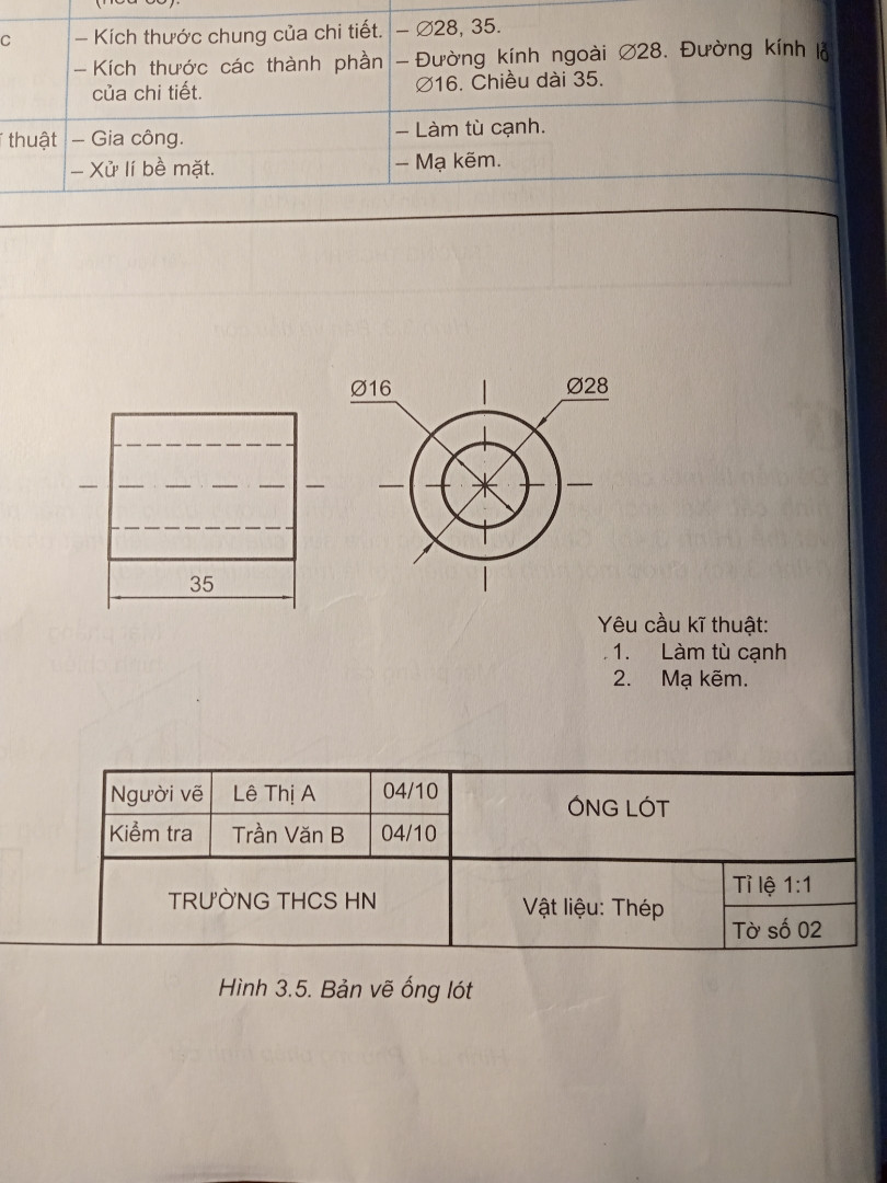 Hãy đọc bản vẽ chi tiết của ống lót hình (3.5 trang 22) lớp 8 sách kết nối