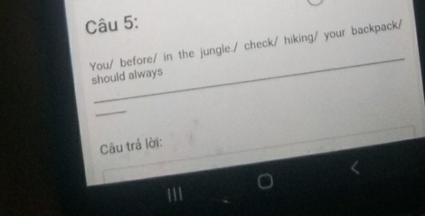 You/before/in the jungle./check/hiking/your backpack/should aways.Hãy sắp xếp câu sau theo trình tự hợp lí