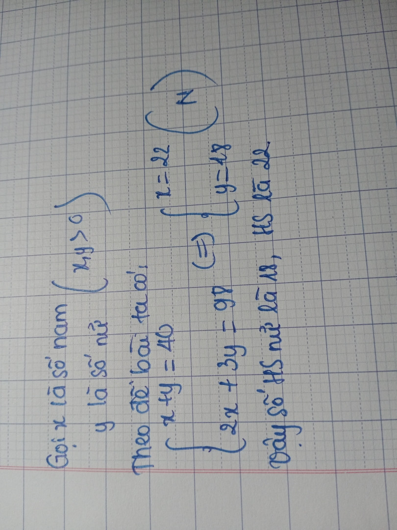 Giải bài toán bằng cách lập pt
- Một lớp học có 40hs xếp hạc giấy, mỗi bạn nam xếp được 2 con, mỗi bạn nữ xếp được 3 con. Tổng số con hạc giấy xếp đc là 98 con. Tính số nam, nữ của lớp