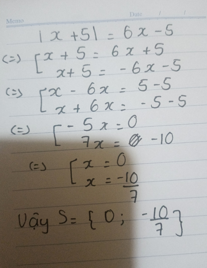 Giải phương trình 
|x+5|=6x-5