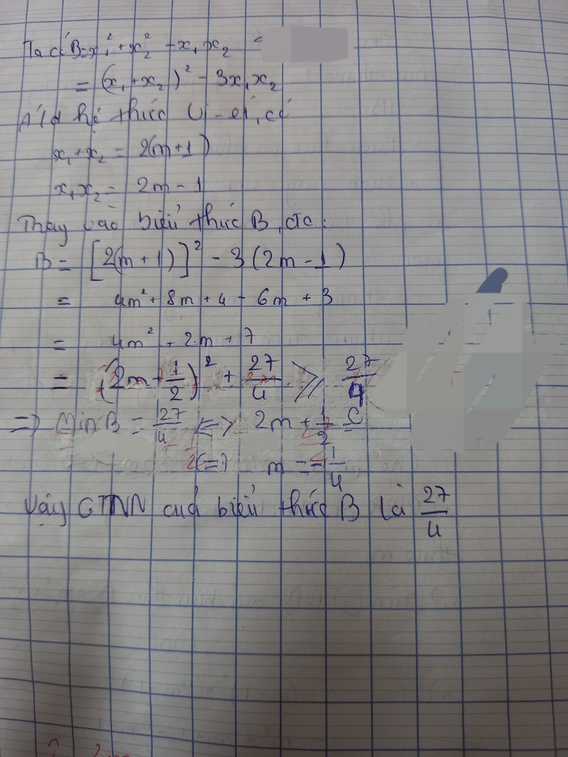 Cho phong trinh: x' + 2(m + 1) x + 2m - 1 = 0 (voi m là tham so).
) Ching minh rang phuong trinh da cho luôn o hai nghiem phan biet X1,x2 vói moi sô thuc m.
2) Tim giá tri nho nhát cua biêu thúc B = x1 bình +x2 bình - X1*X2