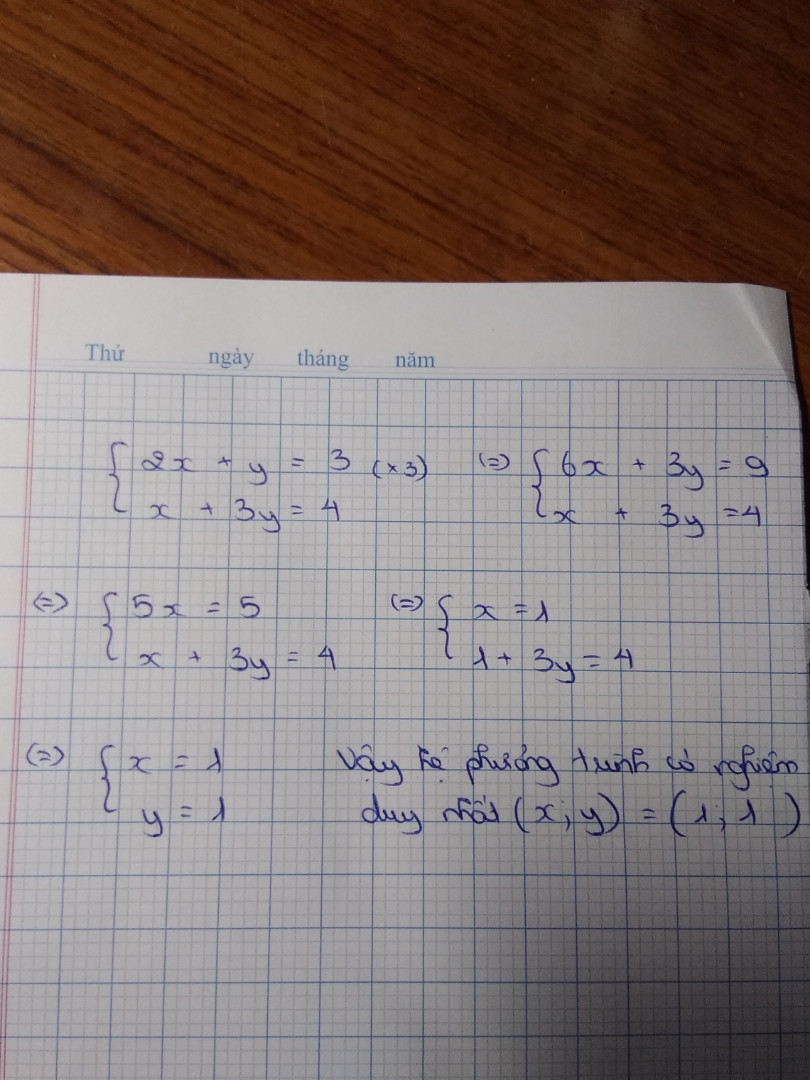 Giải hệ phương trình 
{ 2x+y=3
{x+3y=4