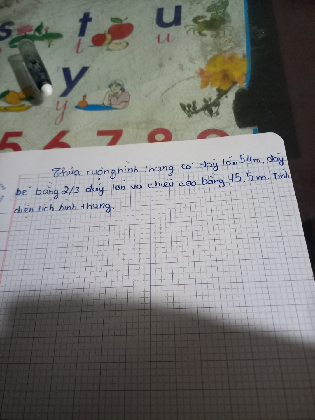 Thửa ruộng hình thang có đáy lớn 54m,đáy bé bằng 2/3 đáy lớn và chiều cao bằng 15,5m.Tính diện tích hình tháng.