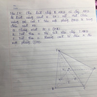 Câu 37: Cho hình chóp S.ABCD có đáy ABCD là hình vuông cạnh a SA= acăn5phần2,  Hình chiếu vuông góc của S trên mặt phẳng (ABCD)  là trung điểm cạnh AB. 
a) Chứng minh   BC vuông góc với(SAB)
b) Tính theo a thể tích khối chóp S.ABCD 
c) Tính theo a khoảng cách từ điểm A đến mặt phẳng  (SBD)