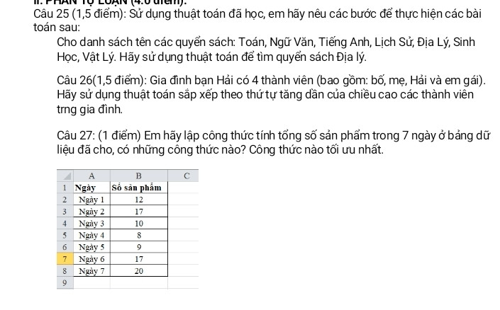 Gia đình bạn Hải có 4 thành viên (bao gồm: bố, mẹ, Hải và em gái). Hãy sử dụng thuật toán sắp xếp theo thứ tự tăng dần của chiều cao các thành viên trng gia đình. 