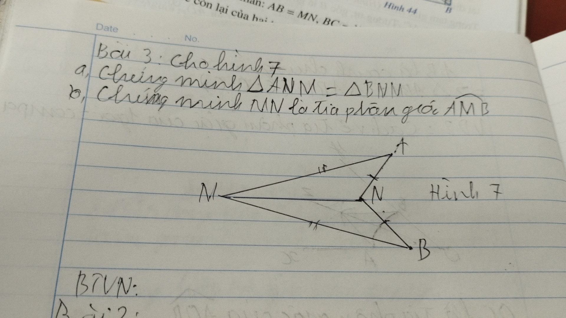 a,Chứng minh tam giác ANM=BNM. b,Chứng minh MN là tia phân giác AMB