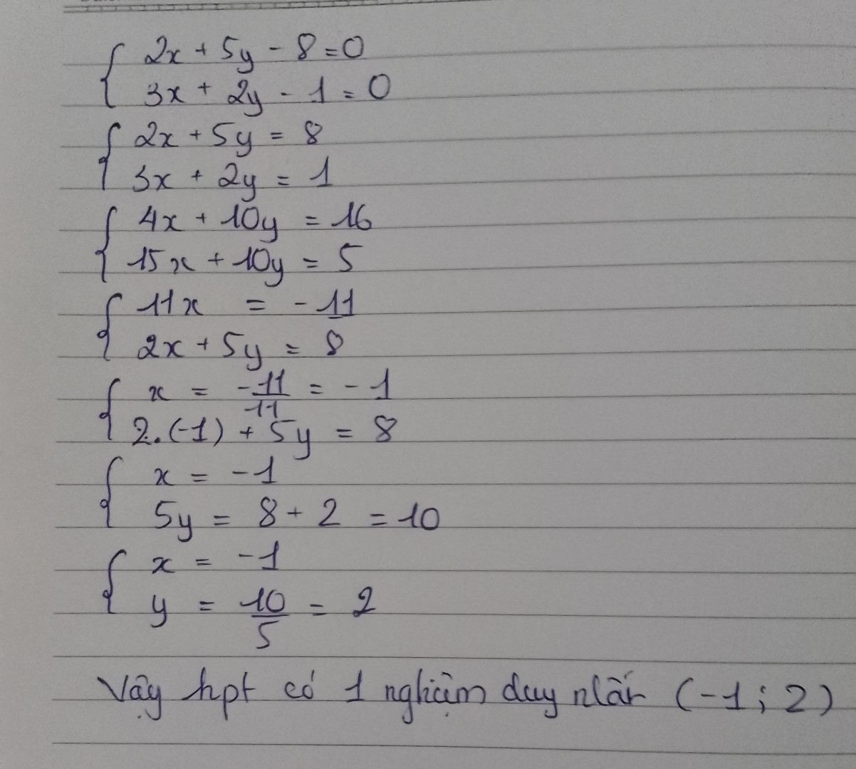 Giải hệ phương trình :  2x + 5y - 8 = 0 và 3x + 2y - 1 = 0