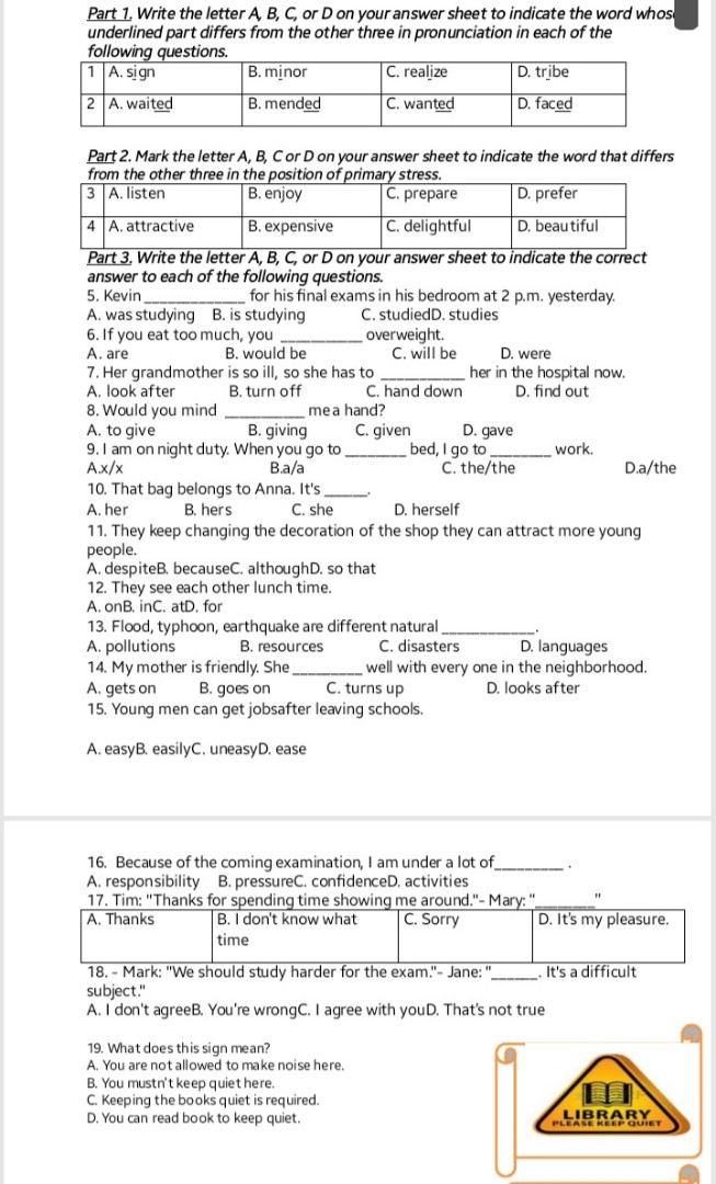 Part 1. Write the letter A, B, C, or D on your answer sheet to indicate the word