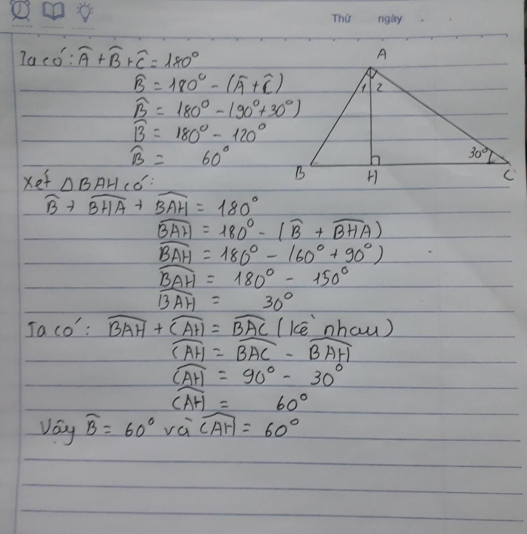 Cho∆ABC vuông tại A.kẻ AH vuông góc với CE tại H. Biết C=30°, tính B và HAC