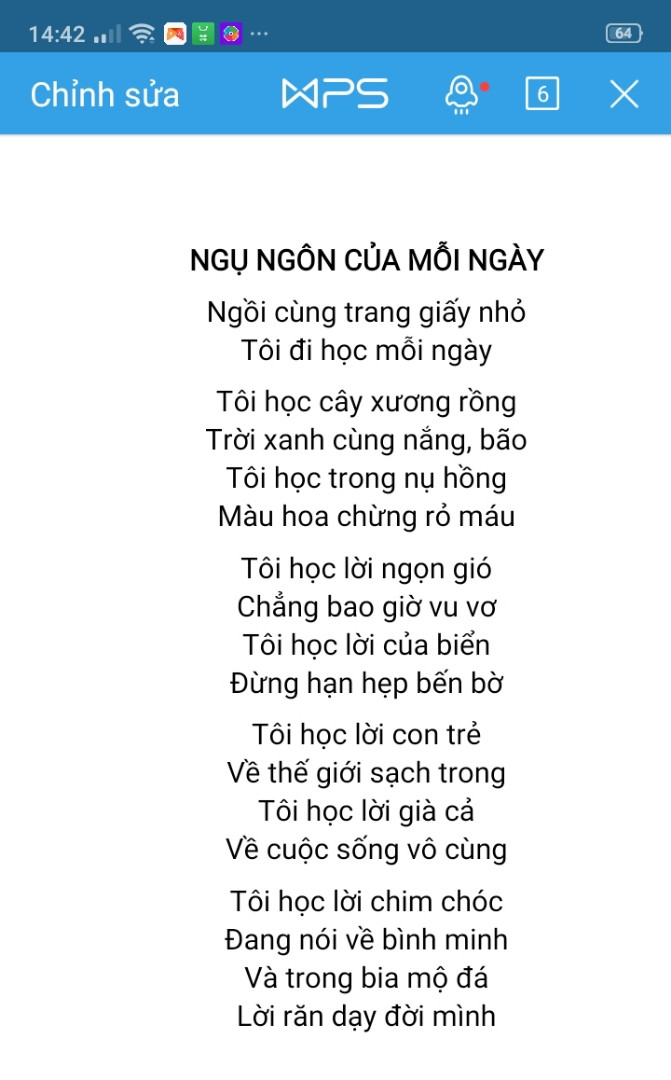 âu 1. Dòng nào nói đúng về đặc điểm hình thức chính của bài thơ?
A. Thơ năm chữ, có 5 khổ; khổ mở đầu chỉ có 2 dòng; gieo vần lưng.
B. Thơ năm chữ, có 5 khổ; khổ mở đầu chỉ có 2 dòng; gieo vần cách.
C. Thơ năm chữ, không chia khổ; gieo vần cách.
D. Thơ tự do có 5 khổ; khổ mở đầu chỉ có 2 dòng; gieo vần cách.
Câu 2. Ngắt nhịp phổ biến trong bài thơ là:
A. 2/3.
C. 2/3; 3/2.
B. 1/4; 2/2.
D. Ngắt nhịp linh hoạt.
Câu 3. Dòng thơ nào không sử dụng phó từ :
A.Ngồi cùng trang giấy nhỏ
C.Chẳng bao giờ vu vơ
B.Tôi đi học mỗi ngày
D.Đừng hạn hẹp bến bờ
Câu 4. Bài thơ viết về:
A. Tình yêu thiên nhiên
C. Suy ngẫm về việc học
B. Tình yêu gia đình
D. Giá trị của truyện ngụ ngôn
Câu 5. Nhan đề: “Ngụ ngôn của mỗi ngày” được hiểu:
A. Những bài học mỗi ngày ta cần trân trọng và giữ lấy.
B. Mỗi ngày cuộc sống cho ta bài học quý như những câu chuyện ngụ ngôn.
C. Bài học từ câu chuyện ngụ ngôn khiến ta nhớ mãi.
D.Thông điệp, ý nghĩa từ câu chuyện ngụ ngôn luôn đem đến niềm vui.
* Trả lời các câu hỏi sau (3.5 điểm)
Câu 6. (1.0 điểm) Nhân vật tôi trong bài thơ học được những điều quý giá từ những đối tượng nào ?
Câu 7. (1.25 điểm) Em hiểu như thế nào về ý nghĩa của các hình ảnh: cây xương rồng, nắng bão trong hai câu thơ sau:
Tôi học cây xương rồng
Trời xanh cùng nắng,bão
Câu 8. (1.25 điểm) Em có đồng tình với nhận định: “Việc học không chỉ là học tập trên trường lớp, trong sách vở mà còn là hành trình mỗi người tự trải nghiệm và khám phá từ cuộc sống” không ? Vì sao?
II.VIẾT (4.0 điểm)
Những người thân trong gia đình là một điểm tựa vô cùng quý giá. Hãy viết một bài văn biểu cảm về người cha (hoặc người mẹ) mà em yêu mến và kính trọng.