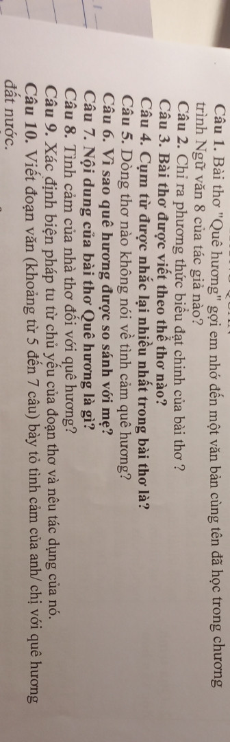 Bài thơ quê hương gợi em đến 1 văn bản cùng tên đã học trong chương trình ngữ văn 8 của tác giả nào