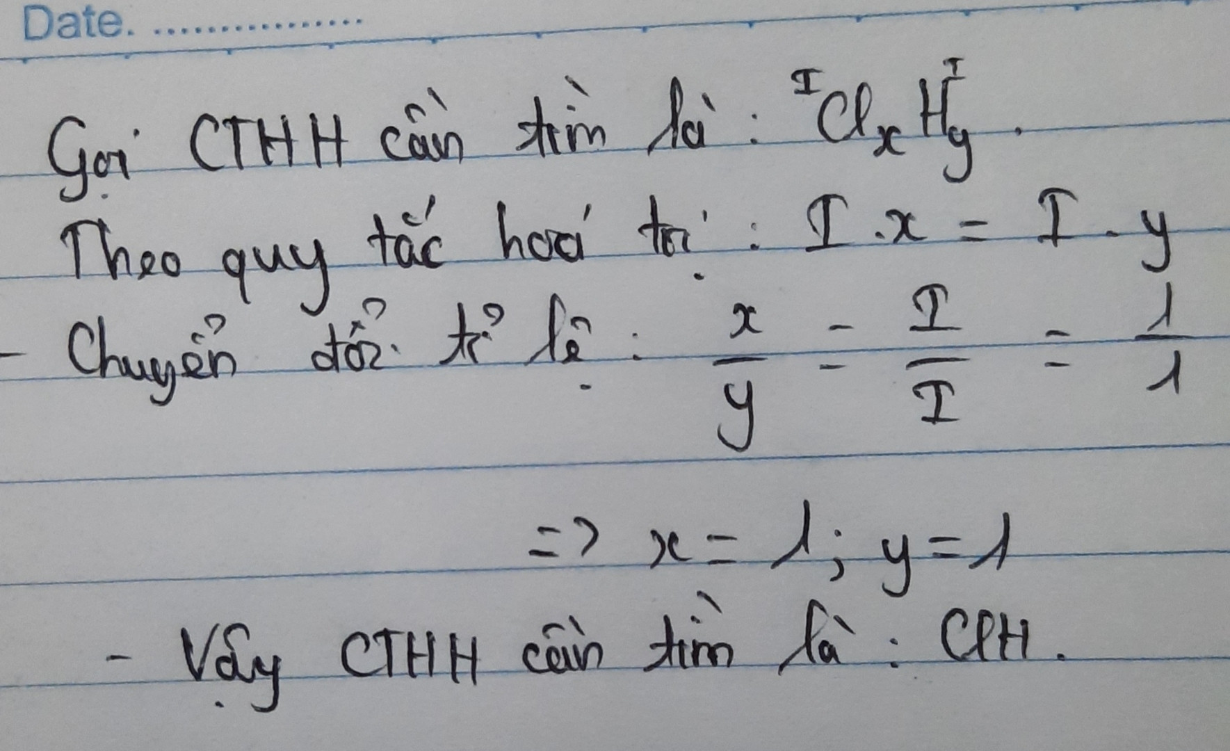 Hãy lập CTHH của các hợp chất sau
Cho biết Clo(Cl) kết hợp với hiđro (H)