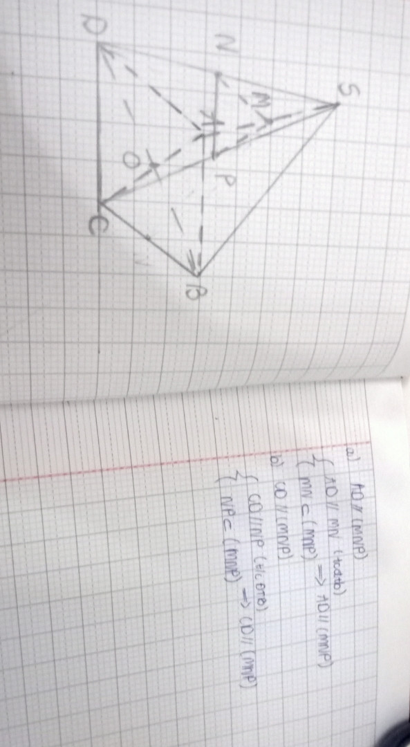 Cho hình chóp S.ABCD là hình bình hành tâm O. Gọi M,N,P lần lượt là trung điểm SA,SD,SC
CM AD//(MNP) ; CD // (MNP)