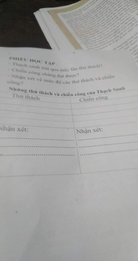 Phiếu học tập :
- Thạch Sanh trải qua mấy lần thử thách?
- Chiến công chàng đạt được? 
- Nhận xét về mức độ các thử thách và chiến công?