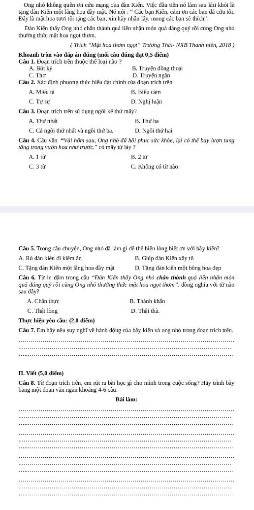 Từ đoạn trích trên em rút ra bài học gì ? cho mình trong cuộc sống ? 
Vb Đàn kiến và Ong nhỏ