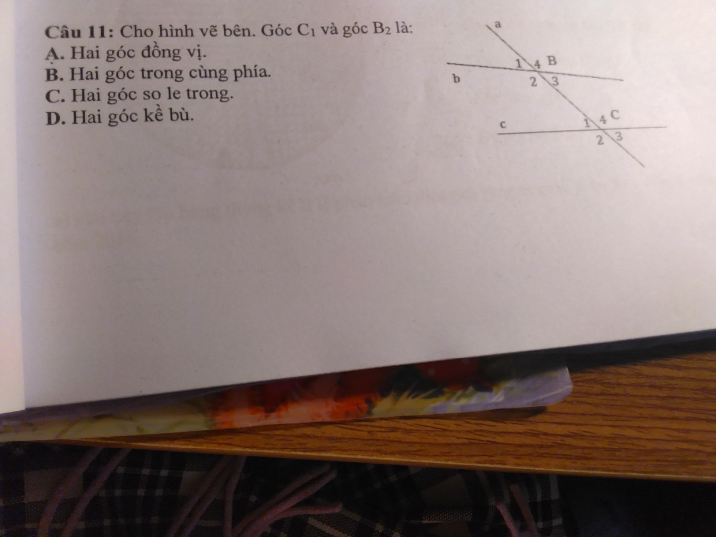 Cho hình vẽ bên góc C1 và góc B2 là a hai góc đồng vị b hai góc trong cùng phía c hai góc so le trong D hai góc kề bù