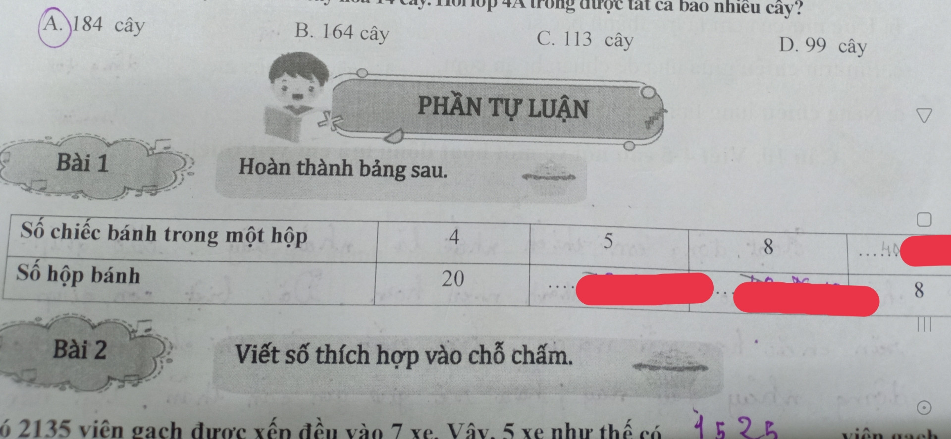Hoàn thành bảng sau Số chiếc bánh trong 1hộp 4. 5. 8. Số hộp bánh. 20. . .