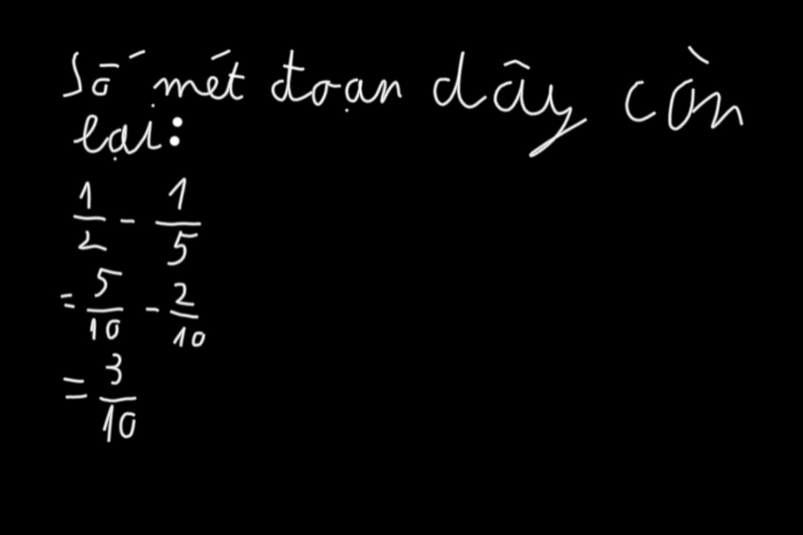Mai có một đoạn dây dài 1/2  m. Từ đoạn dây đó, Mai đã cắt ra một đoạn dài 1/5  m làm dây buộc tóc. Hỏi đoạn dây còn lại dài bao nhiêu mét?