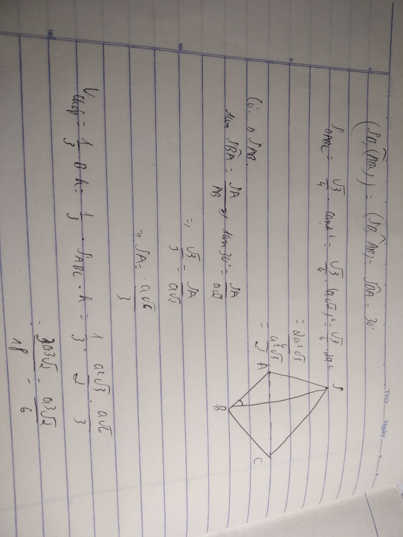 Cho hình chóp SABC đáy là tam giác đều cạnh a căn 2 SB tạo với đáy 1 góc 30°. Tính thể tích SABC 
Giúp e vs ạ