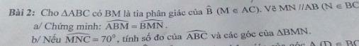 Cho Tam giác ABC có BM là tia phân giác của B (M€AC) vẽ MN song song AB (N€BC)  
Chứng minh ABC =BMN