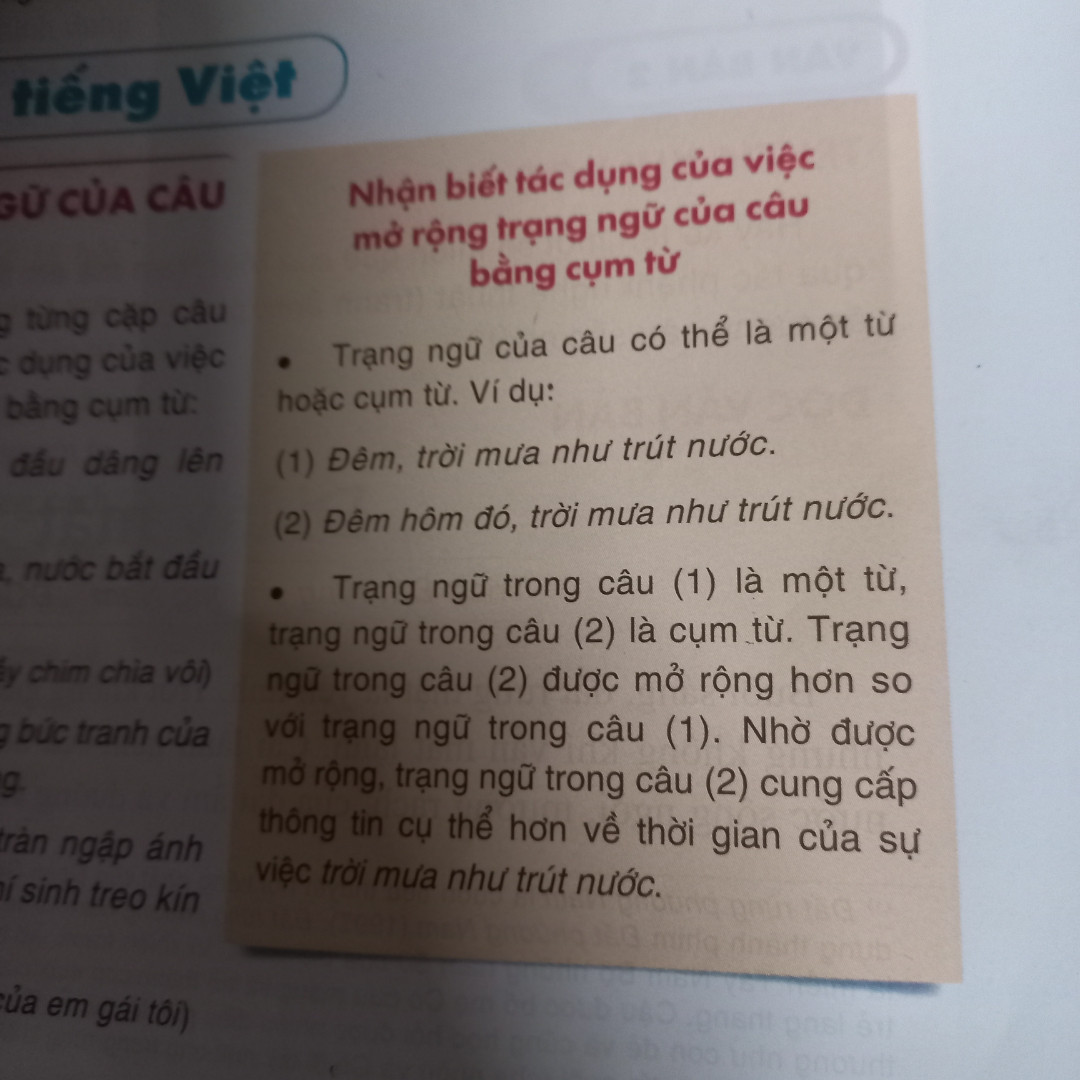 Trạng ngữ của câu có thẻ là từ hoặc cụm từ ví dụ:Đêm trời mưa như trút nước
