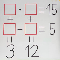 Đề điền số vào ơi vuông
[    ] .    [    ] = 15
   +           +
[    ] -    [    ] =5
   =3        =12