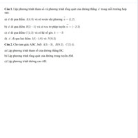 Câu 1. Lập phương trình tham số và phương trình tổng quát của đường thẳng d trong mỗi trường hợp sau:

a) d đi qua điểm A(4:3) và có vectơ chỉ phương u = (1;2)

b) d đi qua điểm B(2;-5) và có vec tơ pháp tuyến n = (-2;3)

c) d đi qua điểm C(1;3) và có hệ số góc k = -3

d).d. đi qua hai điểm M(-1;0) và N(0:2)

Câu 2. Cho tam giác ABC, biết A(3;-3), B(9:2), C(3;4).

a) Lập phương trình tham số của đường thẳng BC.

b) Lập phương trình tổng quát của đường trung tuyến AM.

c) Lập phương trình đường cao AH.