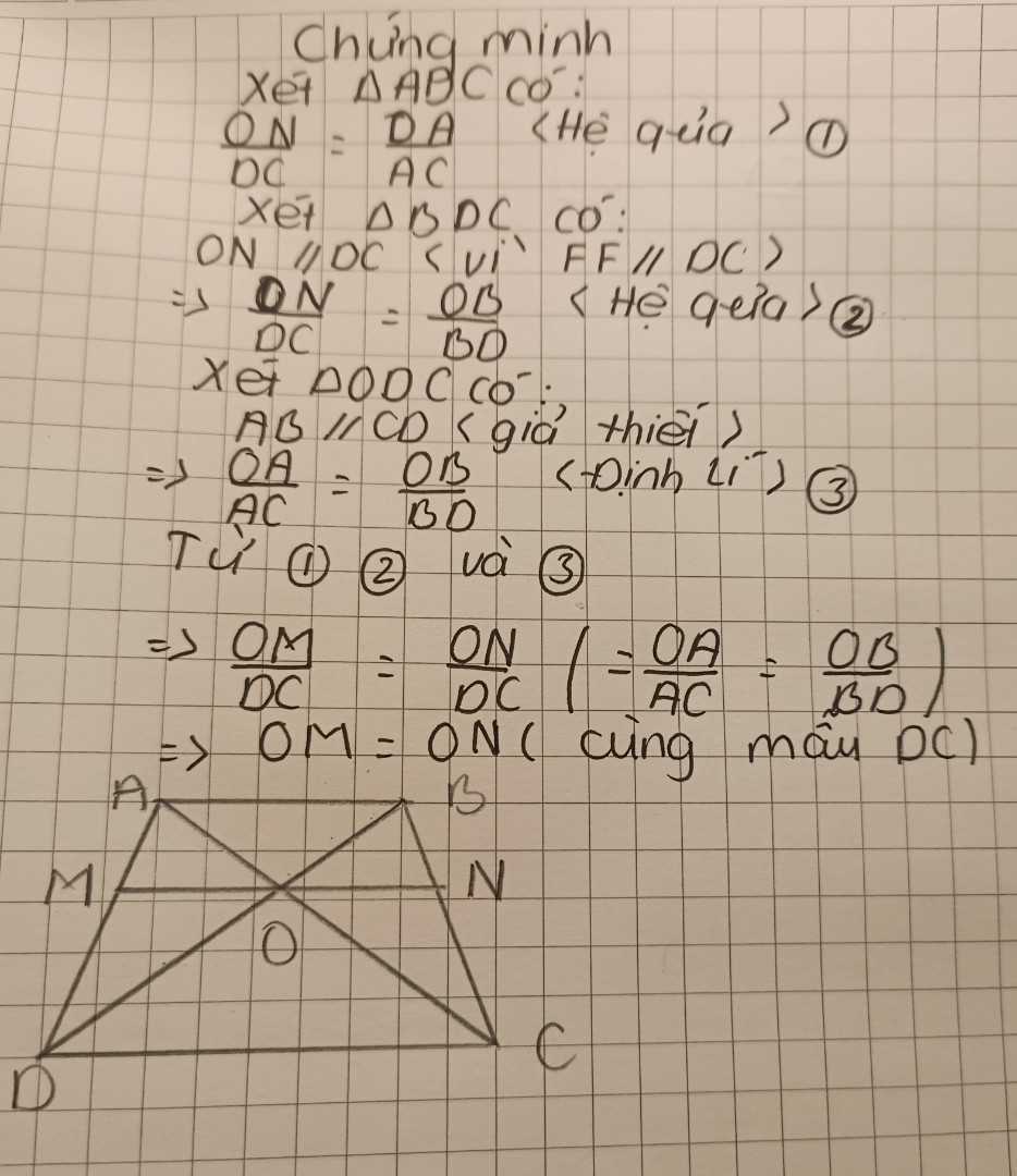 Cho hình thang ABCD (AB//CD) , O là giao điểm của 2 đường chéo AC và BD
Qua O kẻ đường thẳng song song với AB cắt AD  và BC tại M và N
Chứng minh OM=ON
