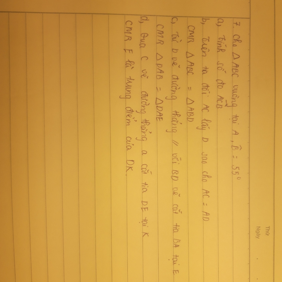 Cho ∆ABC có 3 góc nhọn( AB<AC) 
M là trung điểm của AC 
Trên tỉa đối của MB lấy điểm D sao cho MB = MD 
a, CMR ∆ ABM= ∆ CDM 
b, CM AB // CD 
c, Vẽ AH, CK  vuông tại BD) 
CMR BH= DK