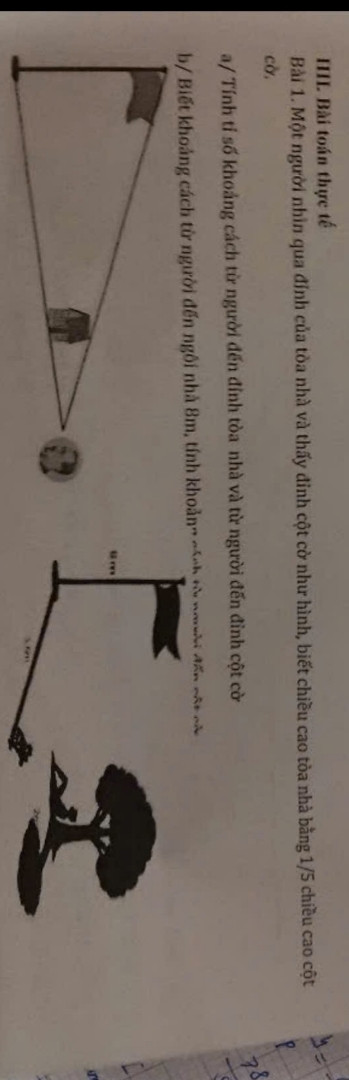 Một người nhìn qua đỉnh của tòa nhà và thấy đỉnh cột cờ như hình , biết chiều cao tòa nhà bằng 1/5 cột cờ 
a. Tính tỉ số khoảng cách từ người đến đỉnh tòa nhà và từ người đến đỉnh cột cờ 
B.biết khoảng cách từ người đến ngôi nhà là 8m . Tính khoảng cách từ người đến cột cờ .