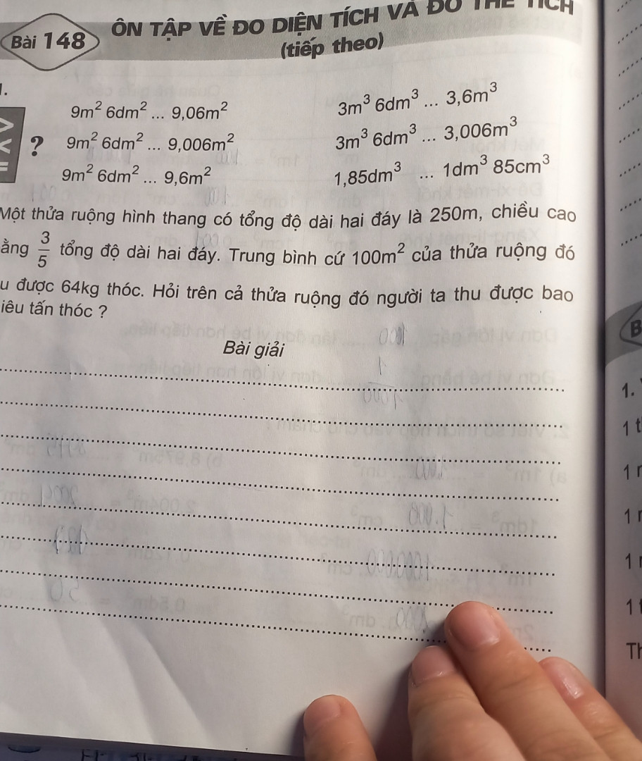 Vở bài tập Toán lớp 5 tập 2 trang 86 ôn tập về đo diện tích và đo thể tích tiếp theo