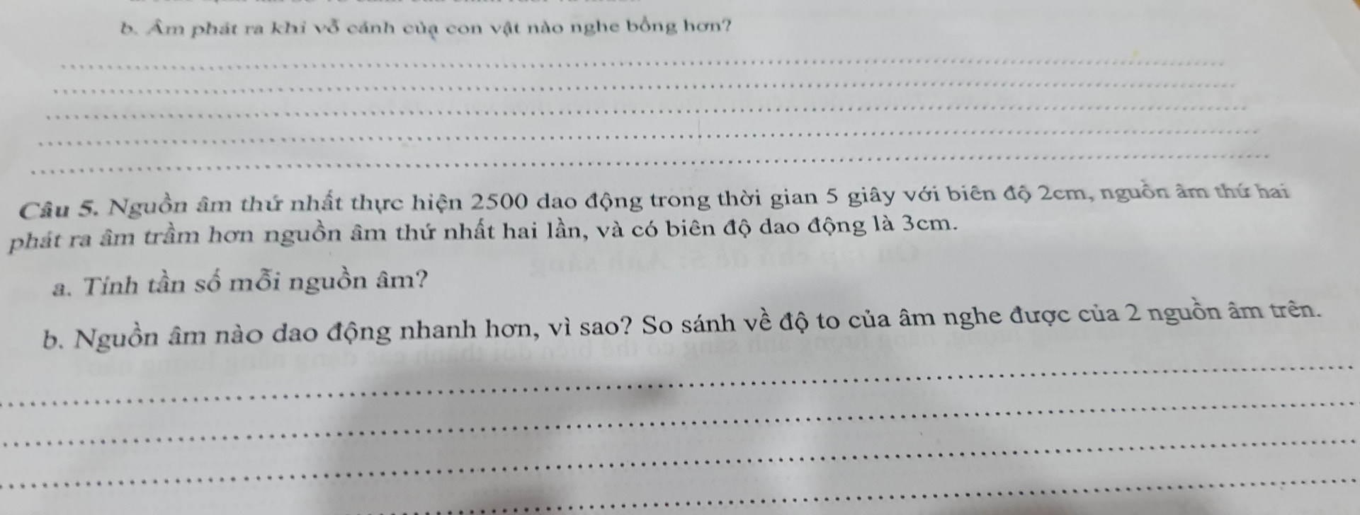 Tần số vỗ cánh của một số loài côn trùng khi bay như sau: ruồi khoảng 350Hz, ong khoảng 440Hz, muỗi khoảng 600Hz.Em hãy cho biết trong các loài trên, loài nào có âm phát ra khi bay nghe trầm nhất, bổng nhất.