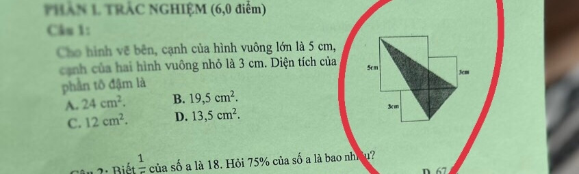 Cạnh hình vuông lớn là 5cm,cạnh của 2 hình vuông nhỏ là 3 cm. Diện tích phần tô đậm là bao nhiêu