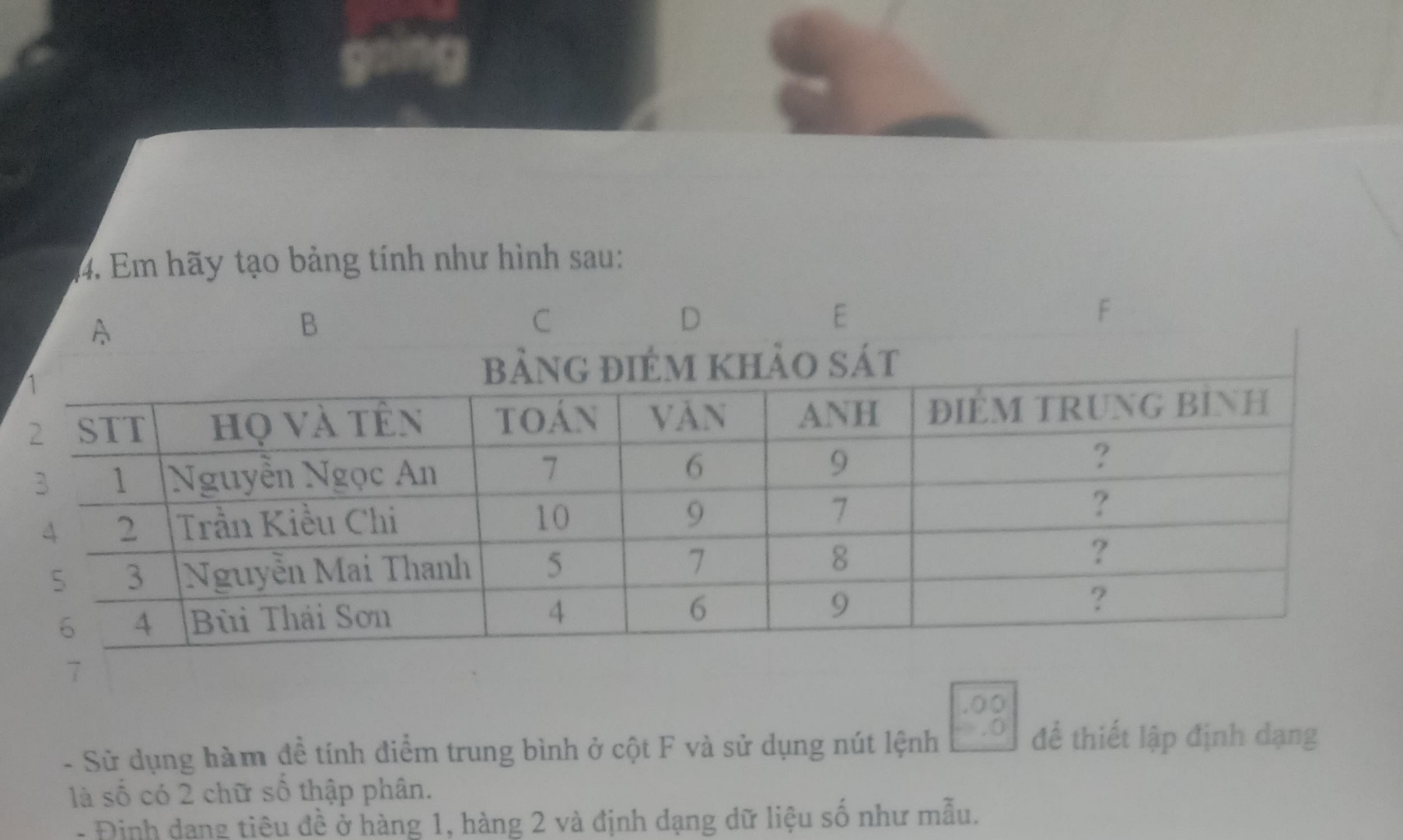 Em hãy tạo bảng tính như hình sau