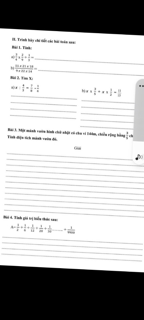 Một  mảnh  vườn  hình  chữ  nhật  có  chu  vì 144 m chiều  rộng  bằng  ba phần  năm  chiều  dài   tính  diện tích  mảnh  vườn  đó