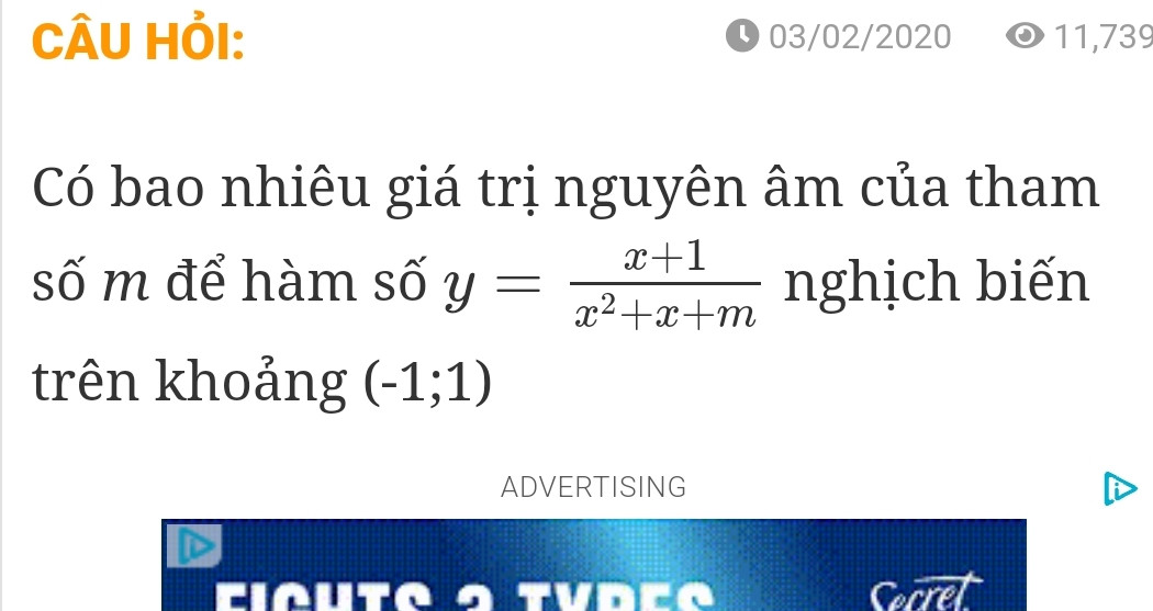 Có bao nhiêu giá trị nguyên âm của tham số m để hàm số y=x+1x2+x+m nghịch biến t