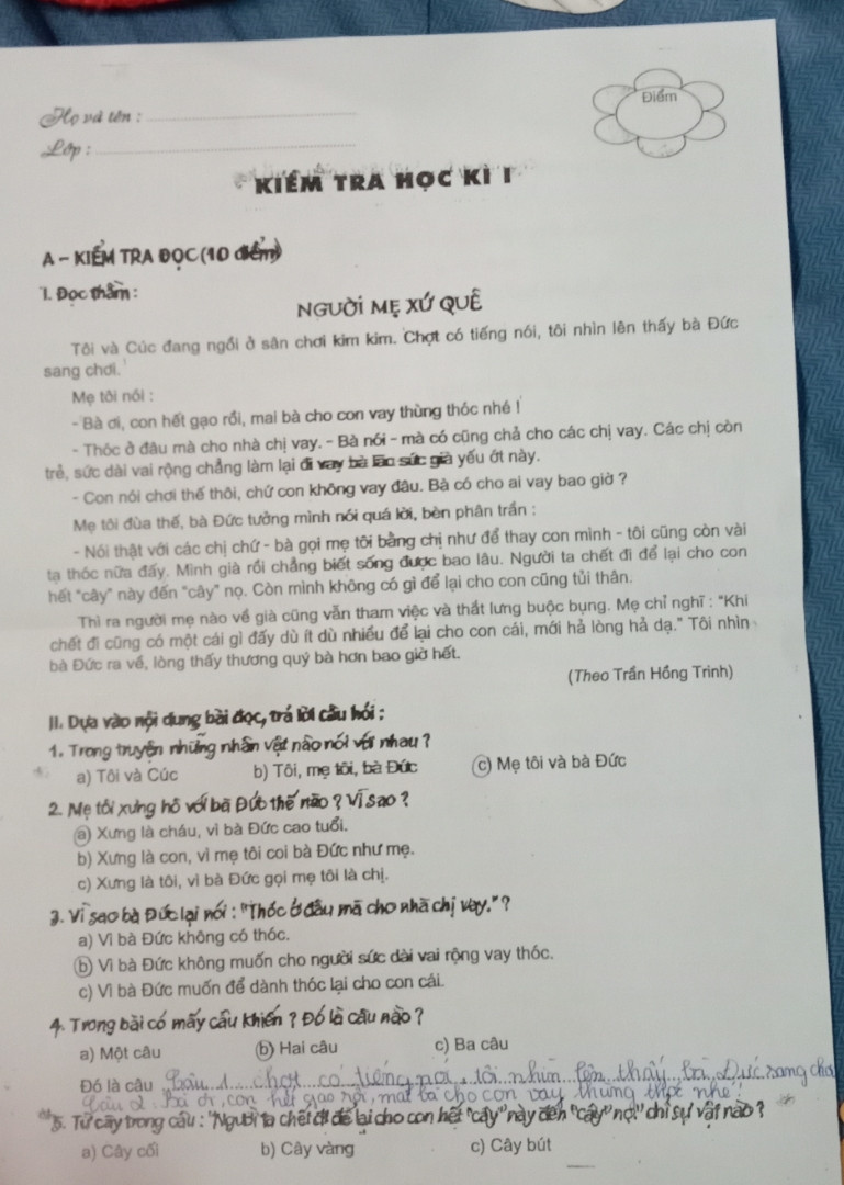 Từ cây trong câu:" Người ta chết đi để lại cho con hết" cây " này đến " cây nọ " chỉ sự vật nào ?                                                                        a) Cây cối                        b) Cây vàng                        c) Cây bút