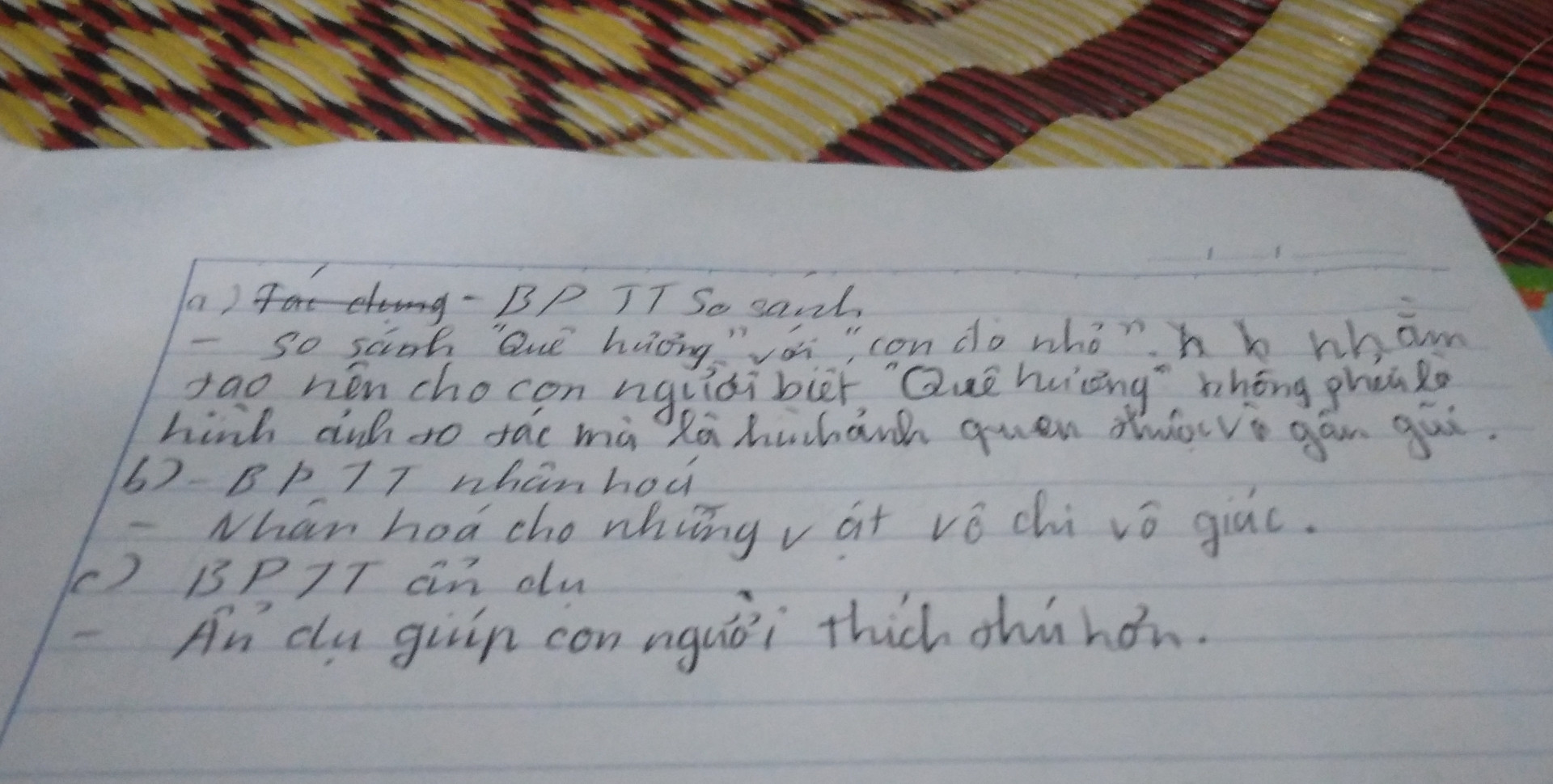 Chỉ ra và nêu tác dụng của biện pháp tu từ trong các câu sau: 
                 a)  Quê hương là con đò nhỏ
               Êm đềm khua  nước ven sông.                  
          b) Những chị lúa phất phơ bím tóc 
         Những cầu tre bá vai thì thầm đứng học
         Đàn cò áo trắng khiêng nắng qua sông 
              Cô gió chăn mây trên đồng
             Bác mặt trời đạp xe qua đỉnh núi
c) Yêu từng bờ ruộng, lối mòn ,
Đồ tươi bông gạo, biếc rờn ngàn dâu.
Yêu con sông mặt sóng xao ,
Dòng sông tuổi nhỏ rì rào hát ca.
Yêu hàng ớt đã ra hoa ,
Đám dưa trổ nụ , đám cà trổ bông.
Yêu sao tiếng mẹ ru nồng, 
Tiếng thoi lách cách bên nong dâu tằm.