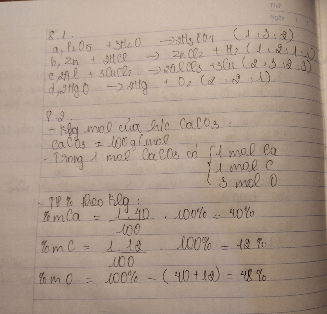 8.1 Hãy lập phương trình hóa học sau và cho biết tỷ lệ?
a, P2O5+H2O--->H3PO4
Tỷ lệ:
b,Zn+HCL---> ZnCl2+H2
Tỷ lệ:
c,Al+CuCl2--->AlCl3+Cu
d,HgO--->Hg+O2
8.2 : Tính thành phần trăm ( theo khối lượng) các nguyên tố hóa học trong hợp chất CaCO3