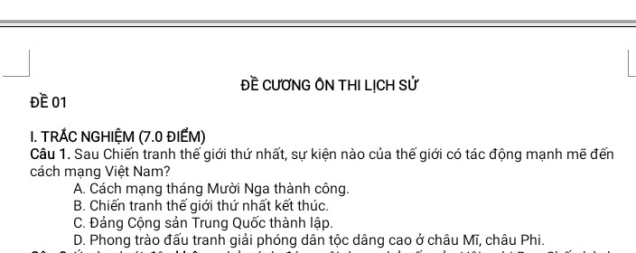 Sau chiến tranh thế giới thứ nhất,sự kiện nào của thế giới có tác động mạnh mẽ đến cách mạng Việt Nam