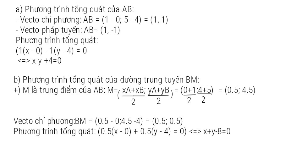 Cho A(0;4) , B(1;5) , C(-7;-3) là 3 cạnh của 1 tam giác
a) Viết PTTP của AB
b) Viết PTTQ của đường trung tuyến BM
c) Viết PTTS của đường cao CH
d) Viết PTTS của đường trung trực BC
e) Viết PTTQ của đường thẳng qua B và song song AC