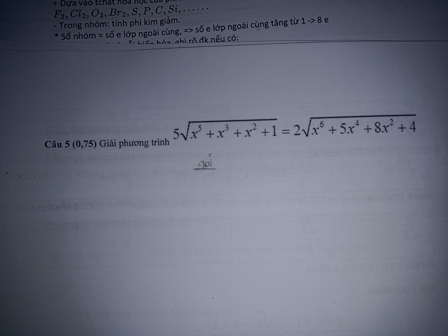 Giải hệ phương trình 5√x5+x3+x2+1=2√x6+5x4+8x2+4
Giúp mik vs