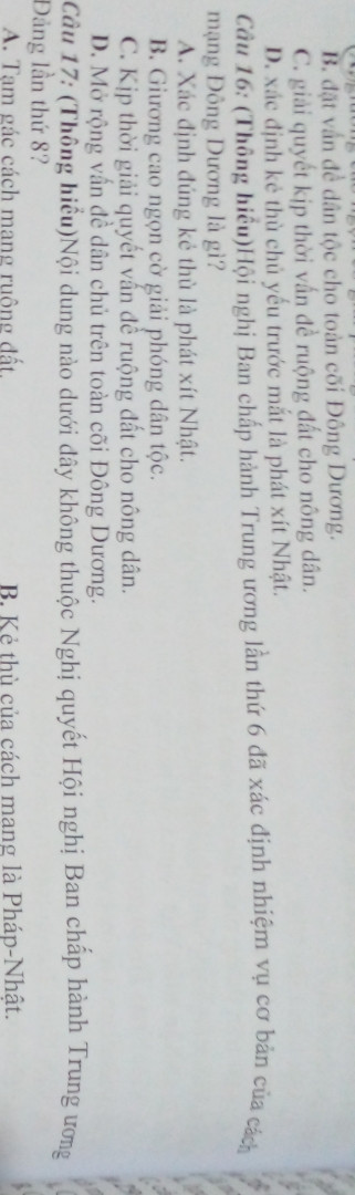 Hoi nghi ban chap hanh trung ung lan thu 6 đa xac dinh nhiem vu co ban cua cach mang dong duong la gi