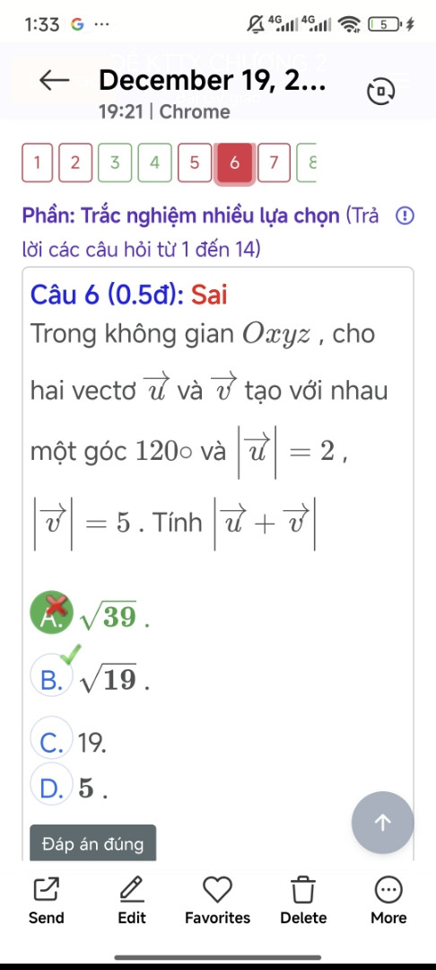 Trong không gian Oayz, cho
hai vecto al va i tao voi nhau
mot góc 1200 vài=2，
|刘=5.Ti社一式
√39.