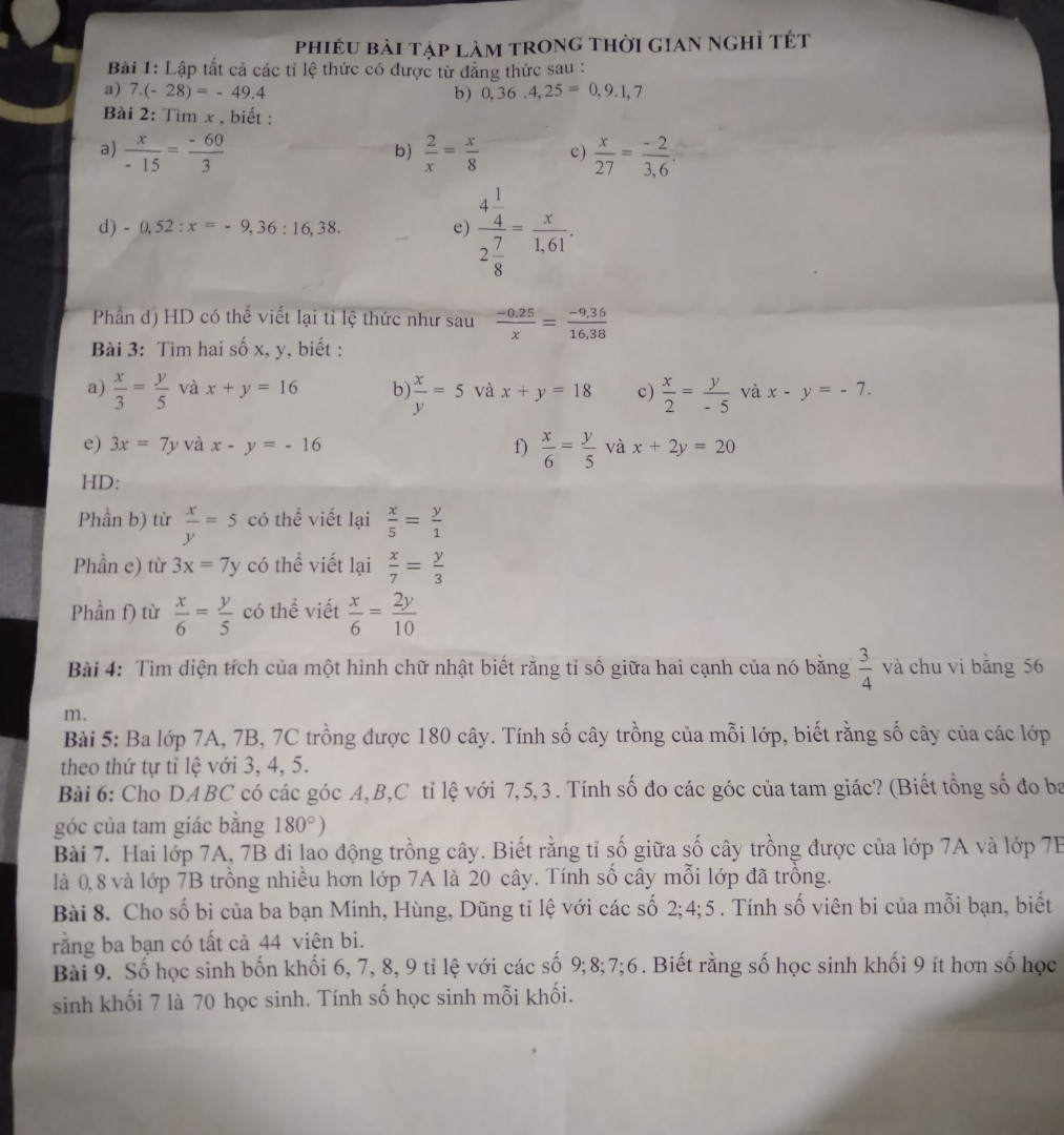 Bài 1: Lập các tỉ lệ thức có được từ đẳng thức sau: a, 7 × (-28) = -49 × 4b, 0,3