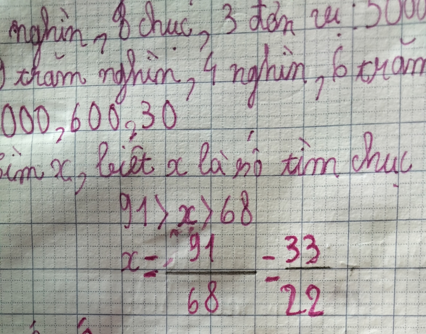 Tìm x , biết x là số tìm chục   
91> x > 68

x = 91/68= bằng bao nhiêu???