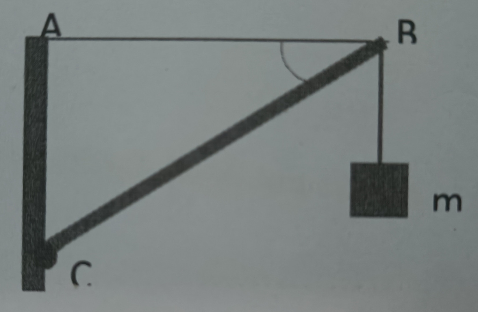 thanh bc nhẹ, gắn vào tường bởi bản lề c, dầu b treo vật có khối lượng m = 4kg và được giữ cân bằng nhờ dây treo ab. cho ab = 30cm, ac = 40cm. cho g = 10m/s. xác định các lực căng dây treo ab