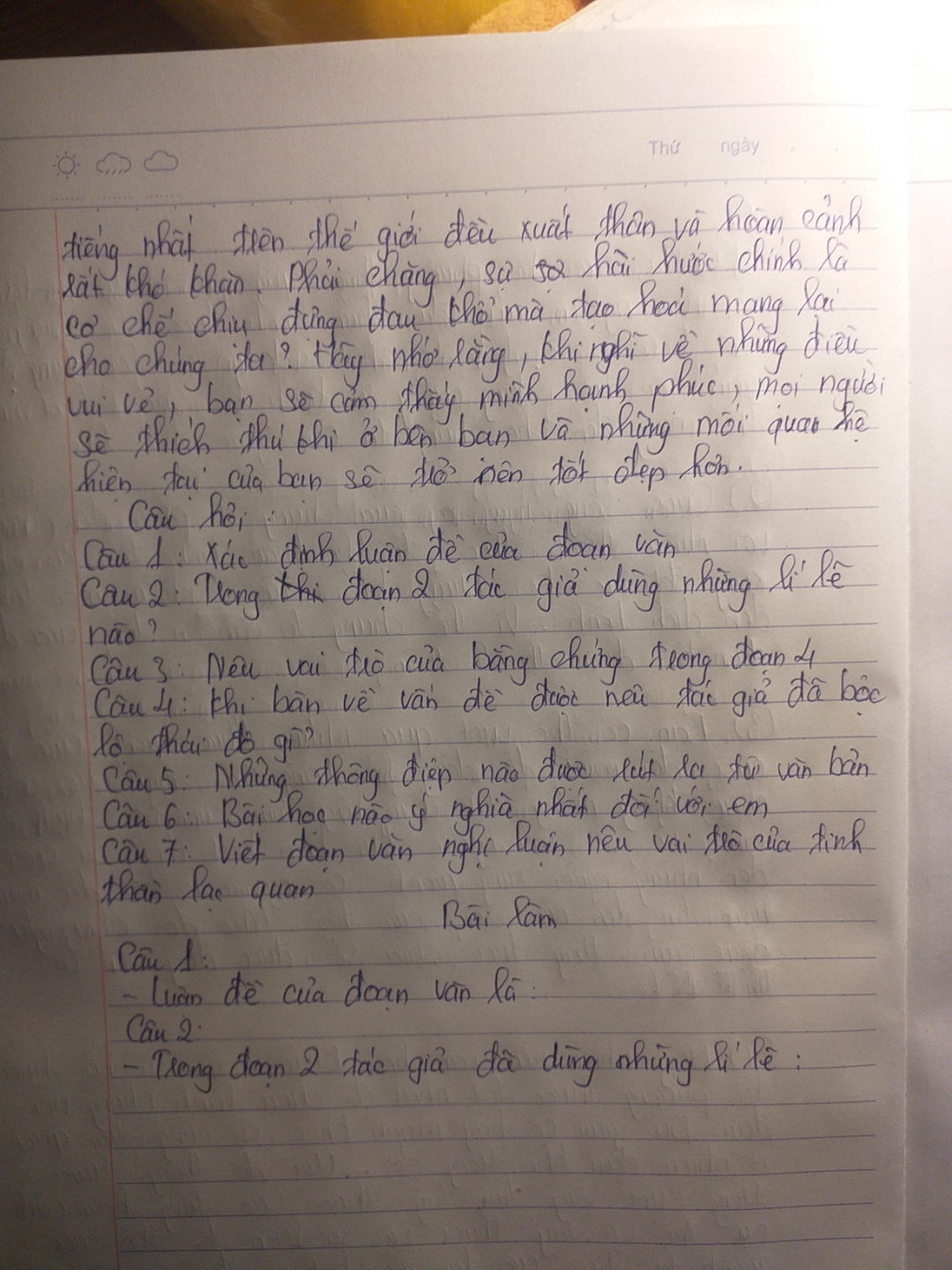 c4: khi bàn vêc vấn đề được nêu tác gủa đã bộc lộ thái độ gì?
c5: những thông điệp nào được rút ra từ văn bản
c6: bài học nào có ý nghĩa nhất đối với em
c7: viết đoạn văn nghị luận nêu vãi trò của tinh thần lạc quan ( kh chép gg )